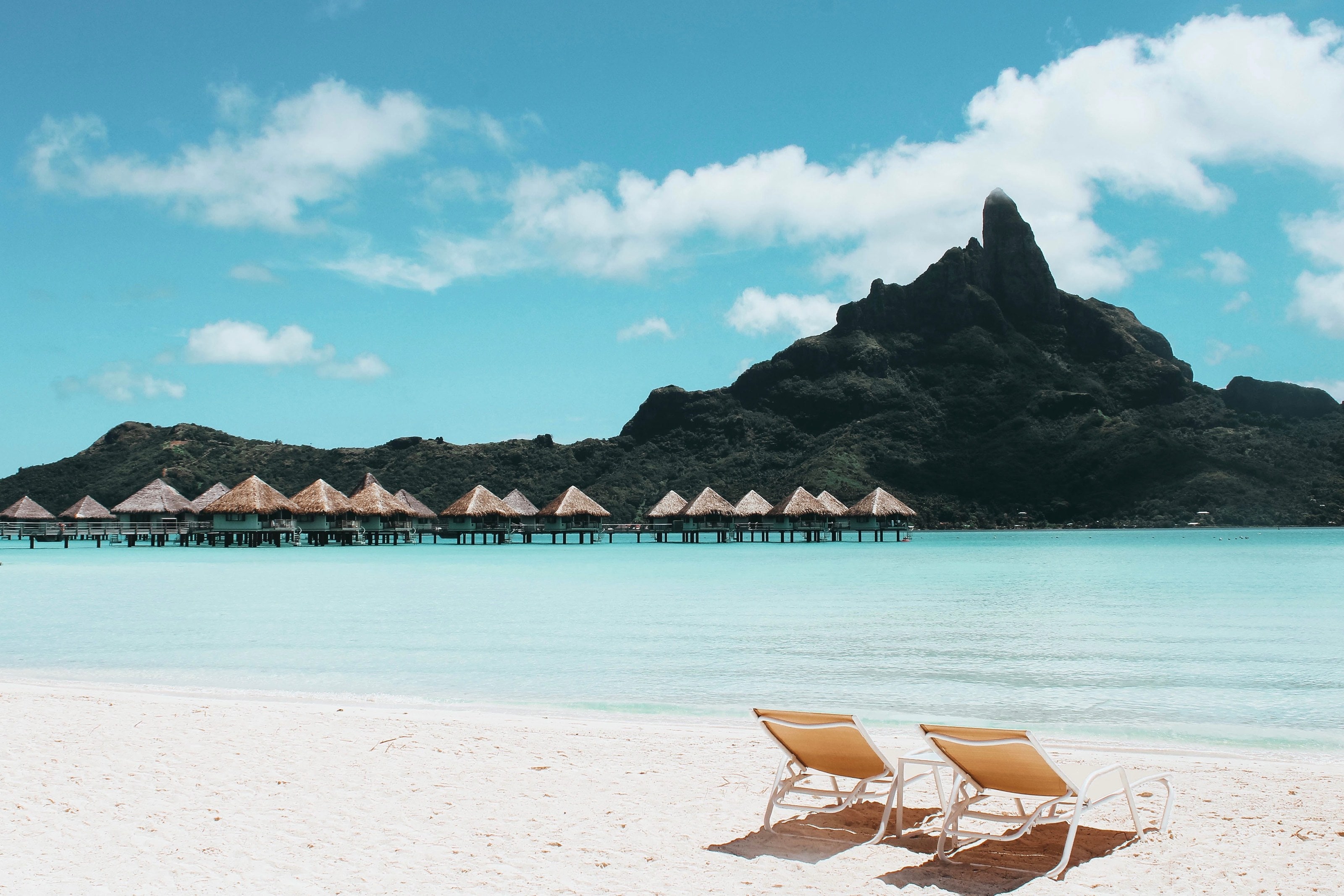 Mount Otemanu across the sand flats, Bora Bora